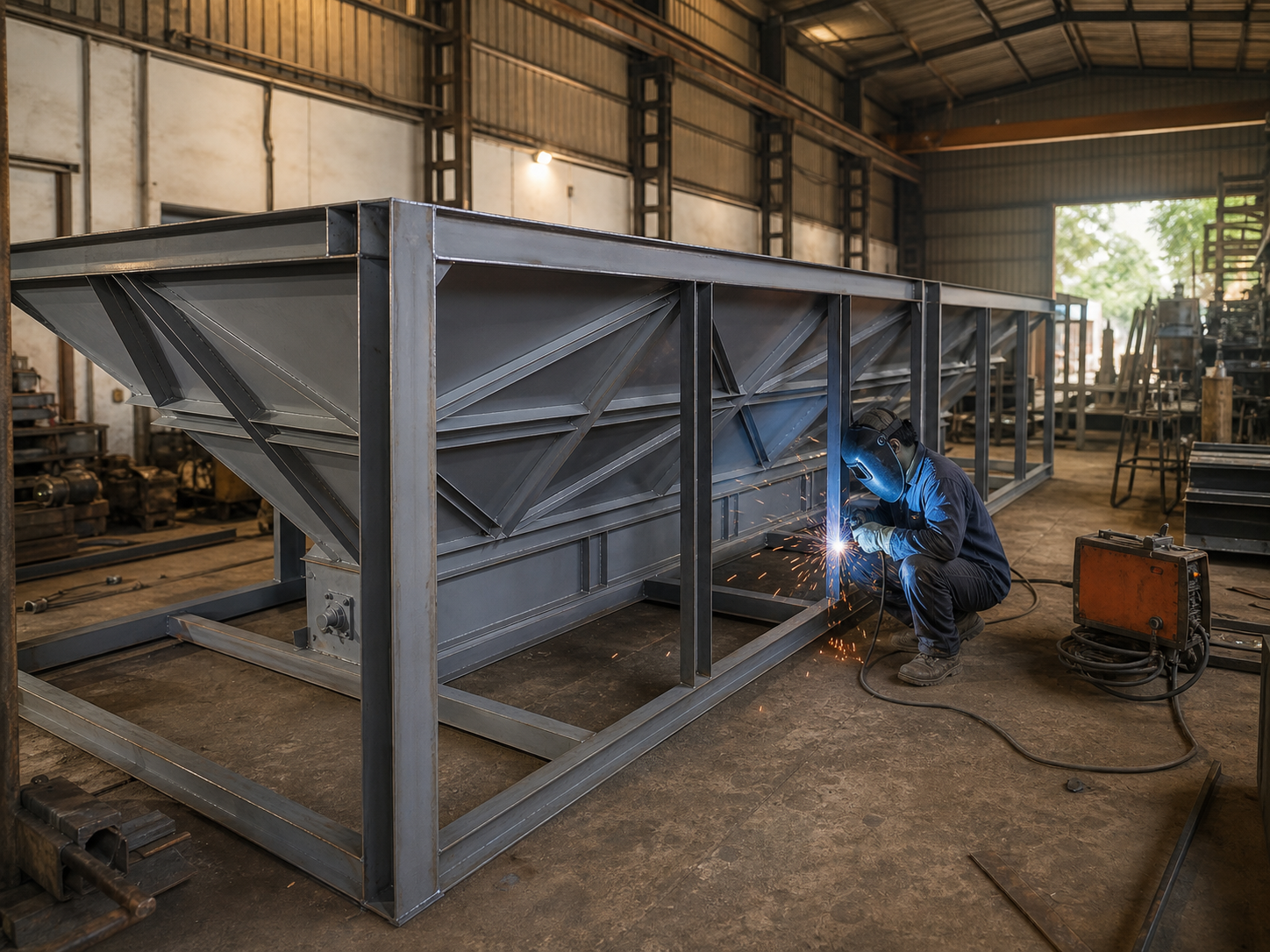 Storage-bin hopper frame being fabricated in the workshop